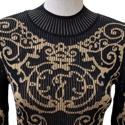 Fendi Baroque Pattern Ruffles Cuffs High Neck Long Length Knit Dress Black — view 4