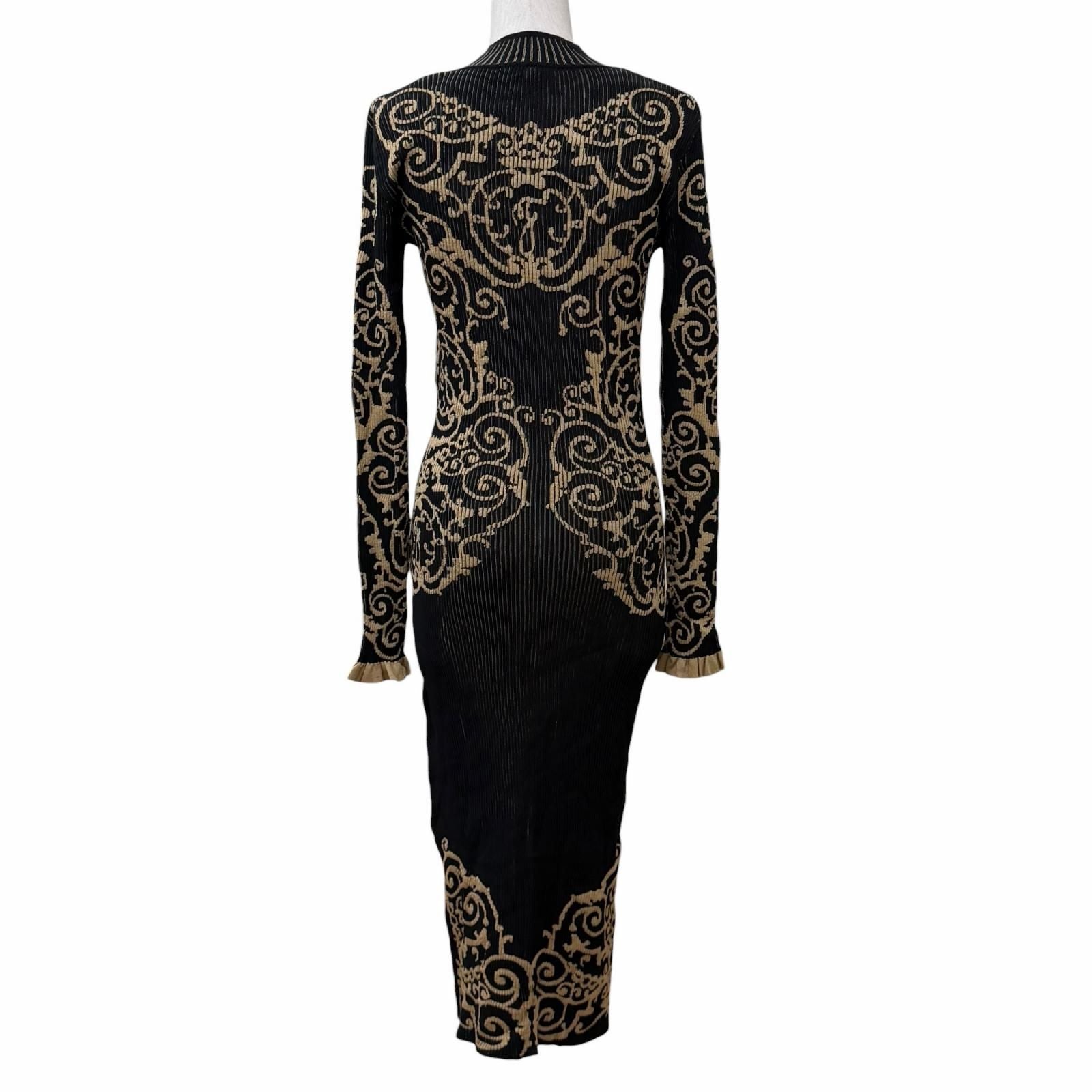 Fendi Baroque Pattern Ruffles Cuffs High Neck Long Length Knit Dress Black — view 3