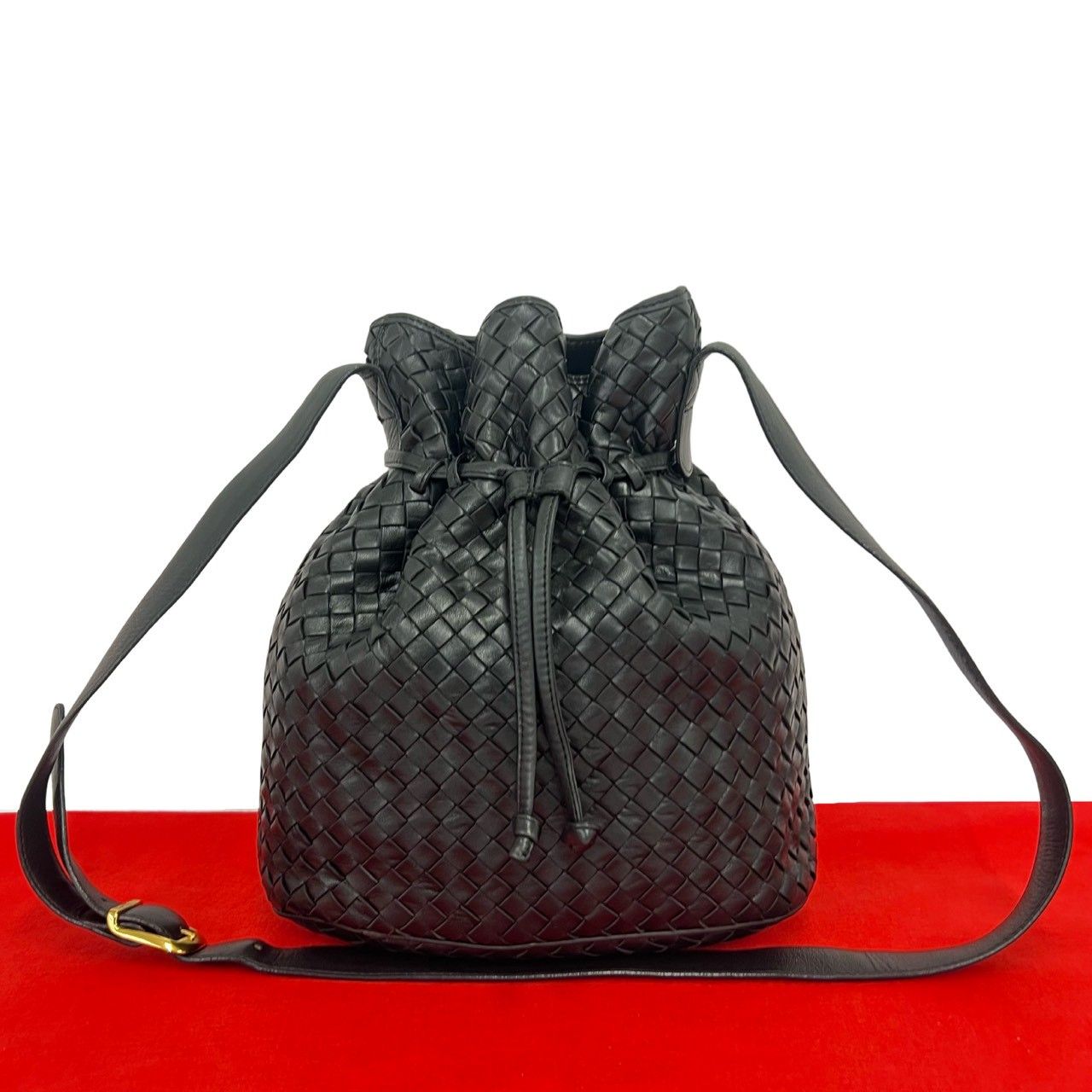 Bottega Veneta Intrecciato Leather Drawstring Shoulder Bag Cross Black