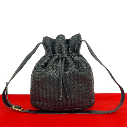 Bottega Veneta Intrecciato Leather Drawstring Shoulder Bag Cross Black