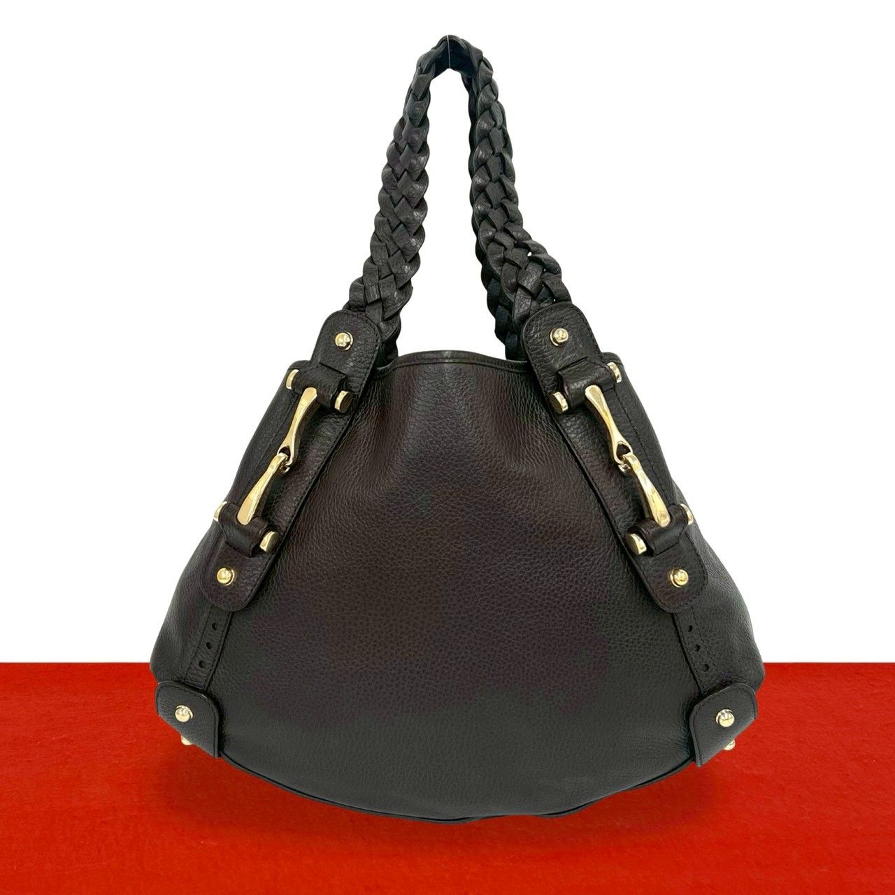 Gucci Braided Perforated Leather Tote Shoulder Bag Dark Brown