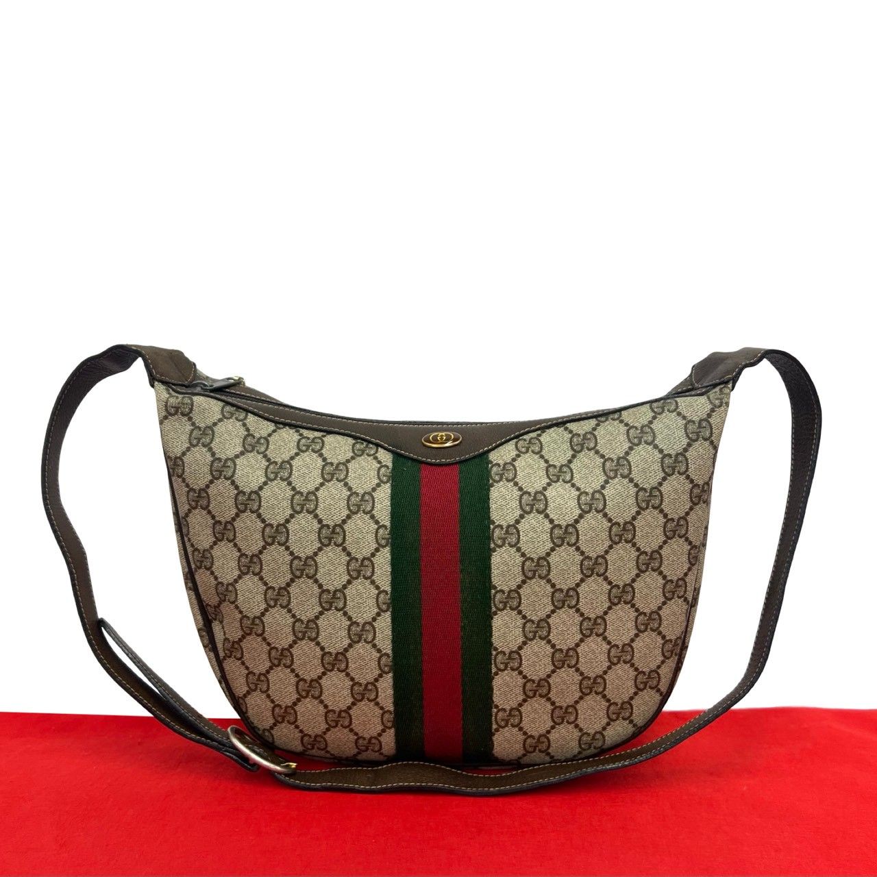 Gucci Vintage Sherry Line GG Logo Leather Shoulder Bag Brown