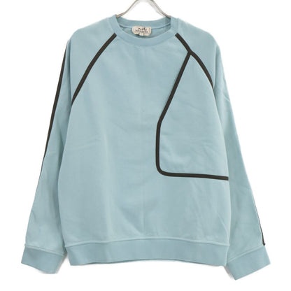 Hermes Light Blue Cotton Herringbone Piping Brushed Lining Crew Neck Sweatshirt