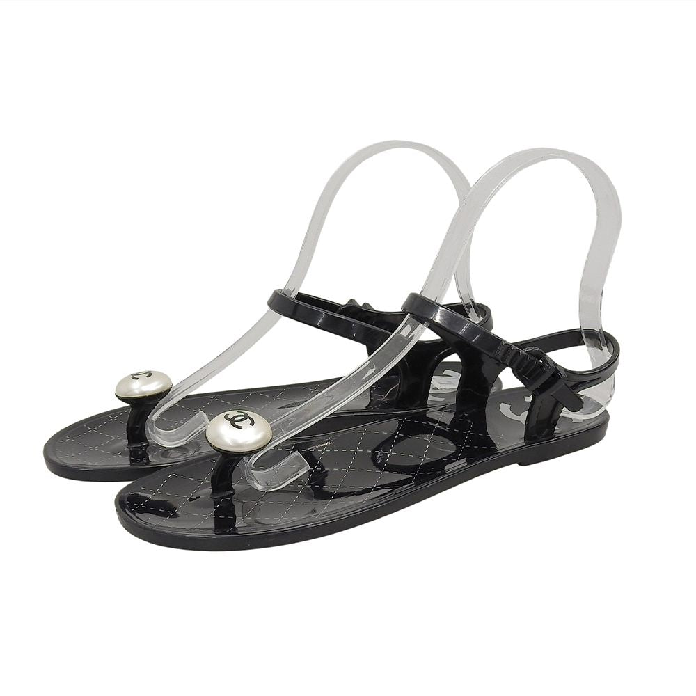 Chanel CC Logo Backstrap Rubber Thong Sandals Black