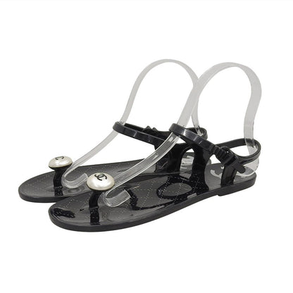 Chanel CC Logo Backstrap Rubber Thong Sandals Black