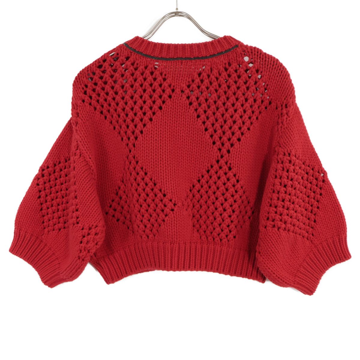 Brunello Cucinelli Red Cropped Length Cotton Knit Sweater — view 2