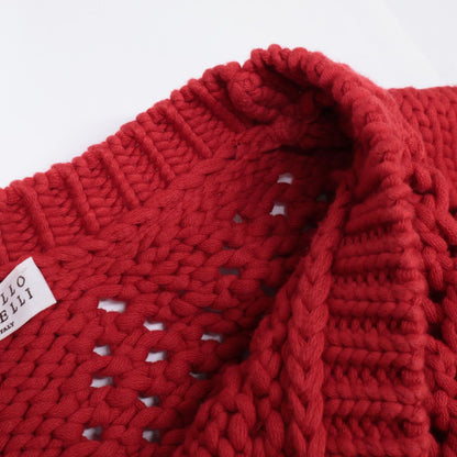 Brunello Cucinelli Red Cropped Length Cotton Knit Sweater — view 8