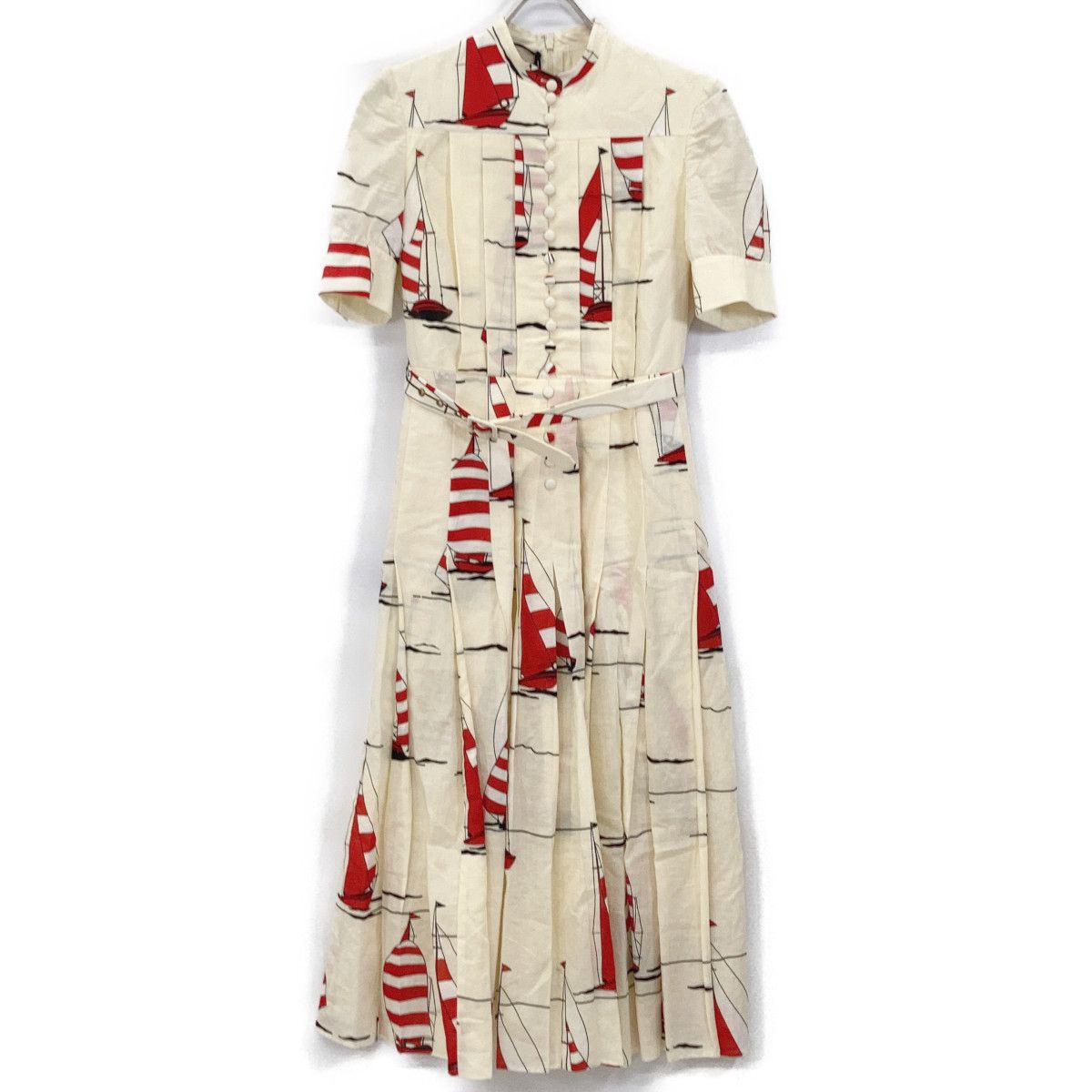 Gucci Beige Cotton Linen Yacht Pattern Bow Type Pleats Dress 38