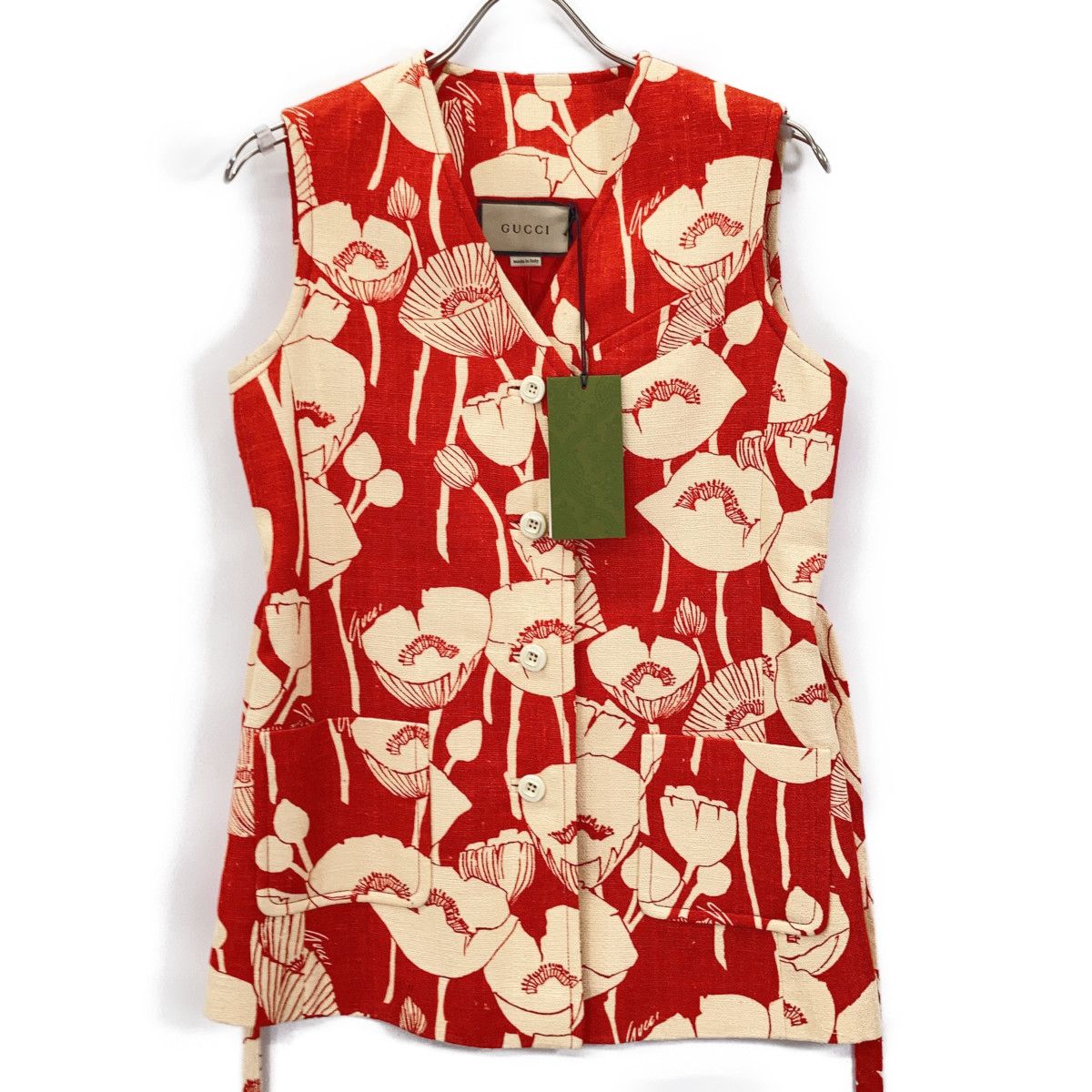 Gucci Red Silk 100 Poppy Flower Jacquard Vest 38