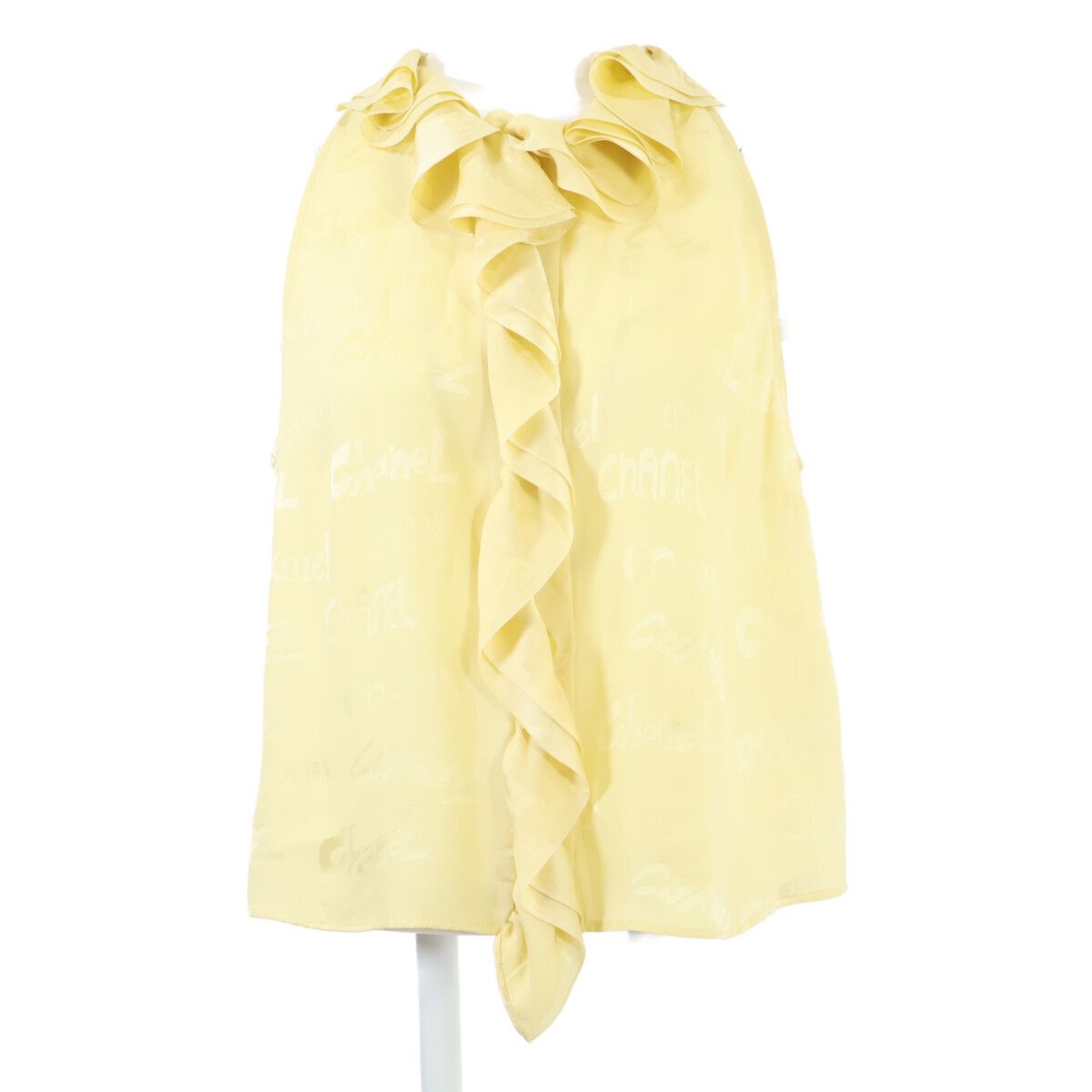Chanel Silk Logo Allover Pattern Sleeveless Frill 40 Dress