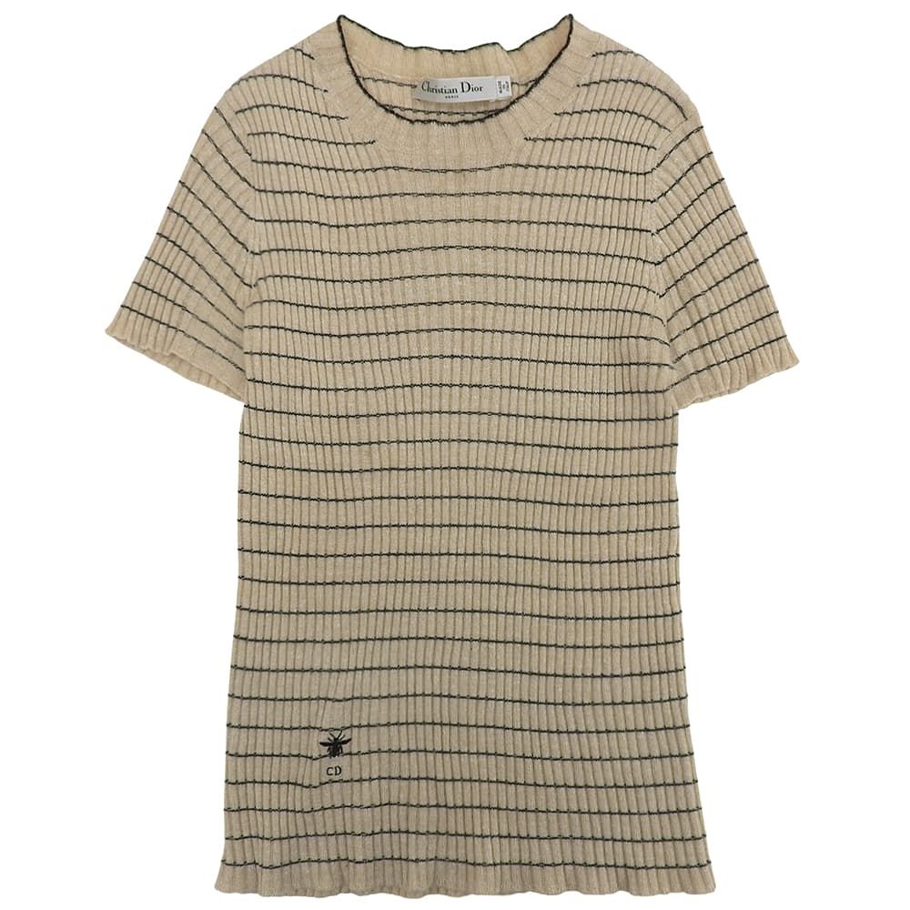Dior Bee Embroidery Linen Cashmere Short Sleeve Border Knit Socks Beige Sweater