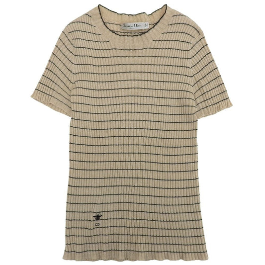 Dior Bee Embroidery Linen Cashmere Short Sleeve Border Knit Socks Beige Sweater
