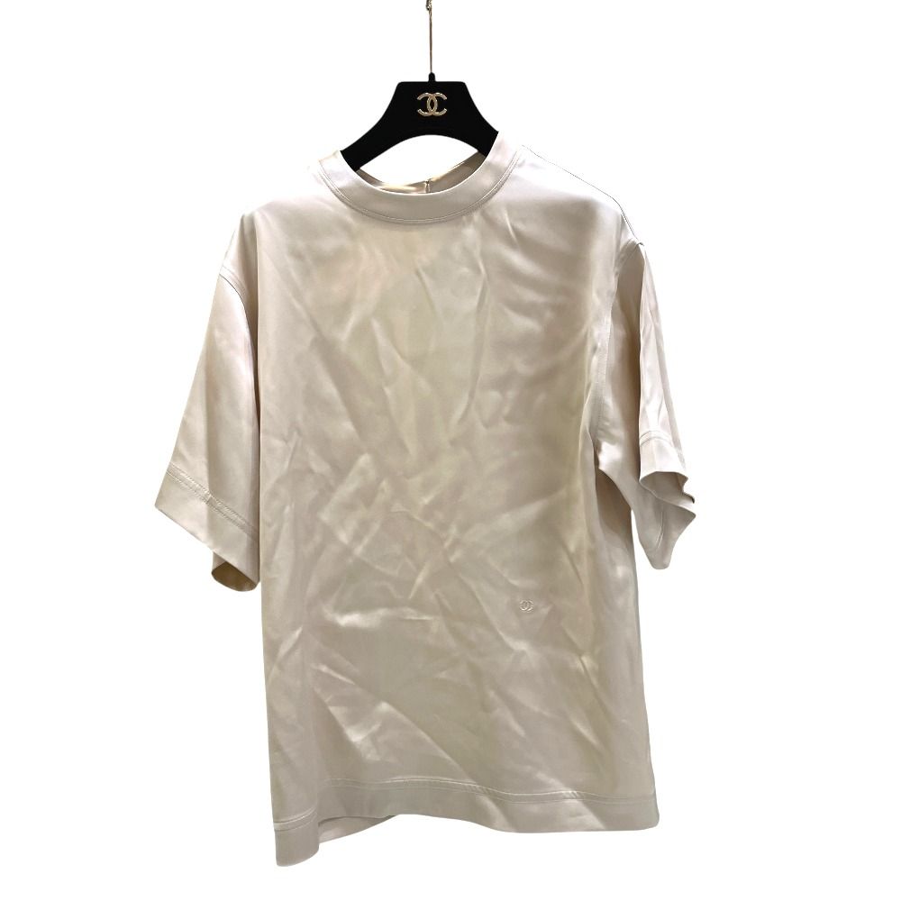 Chanel Short Sleeve Shirt Short Top Silk Satin White Sugar