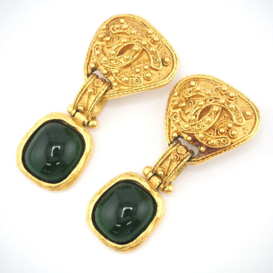 Chanel Fleece CC Logo Earrings Green Gold