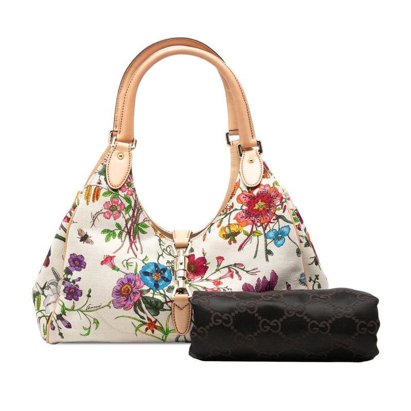 Gucci New Jackie Flora Flower Shoulder Bag Ivory Multi Canvas Leather — view 7