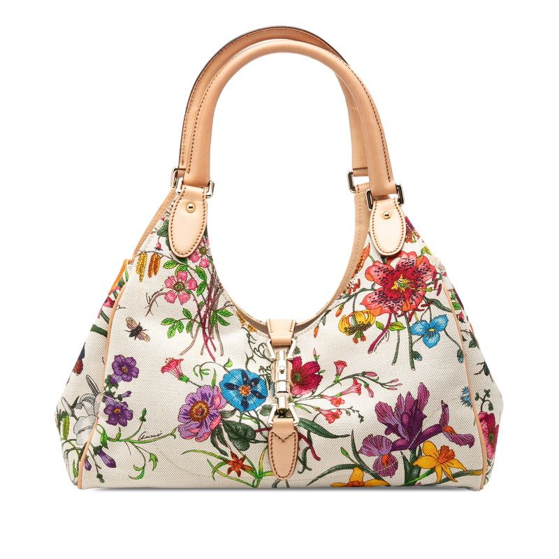 Gucci New Jackie Flora Flower Shoulder Bag Ivory Multi Canvas Leather