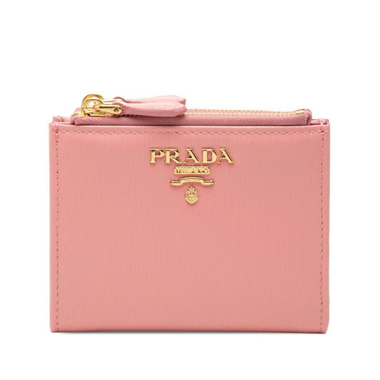 Prada Logo Bifold Wallet Compact Pink Leather