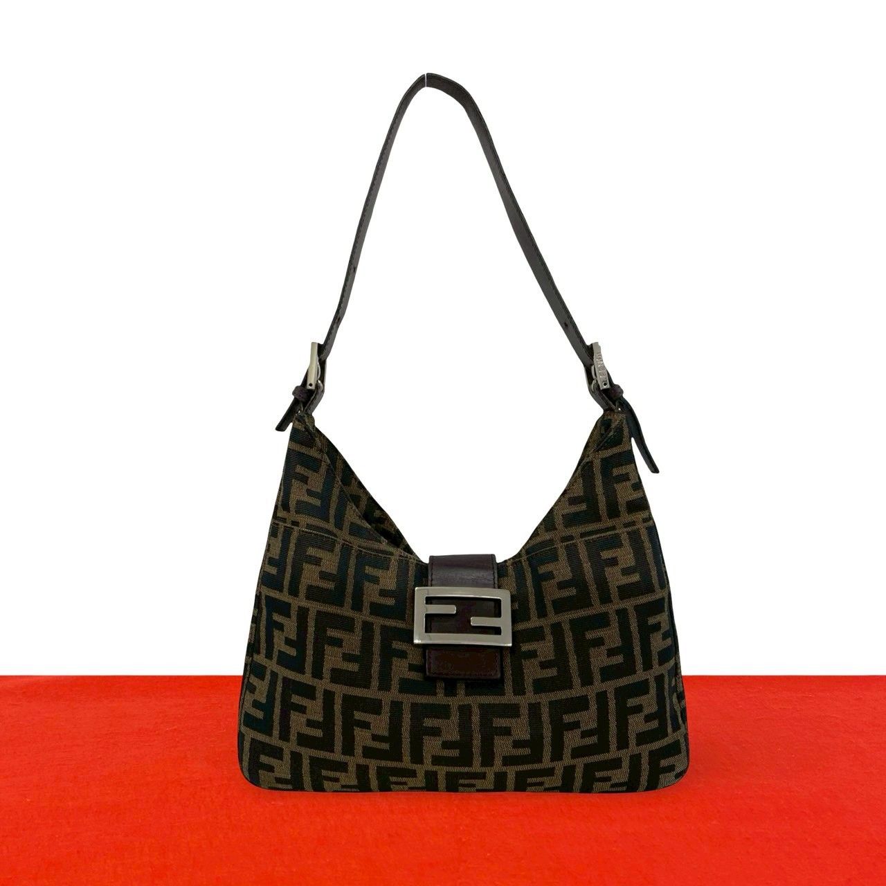 Fendi Zucca FF Pattern Logo Canvas Leather Shoulder Bag Brown Black