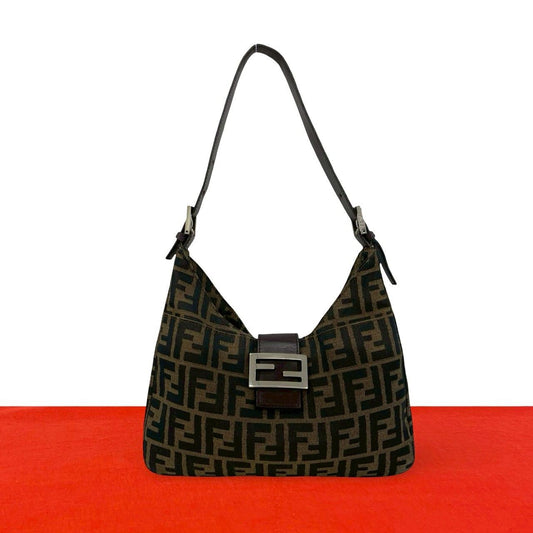 Fendi Zucca FF Pattern Logo Canvas Leather Shoulder Bag Brown Black
