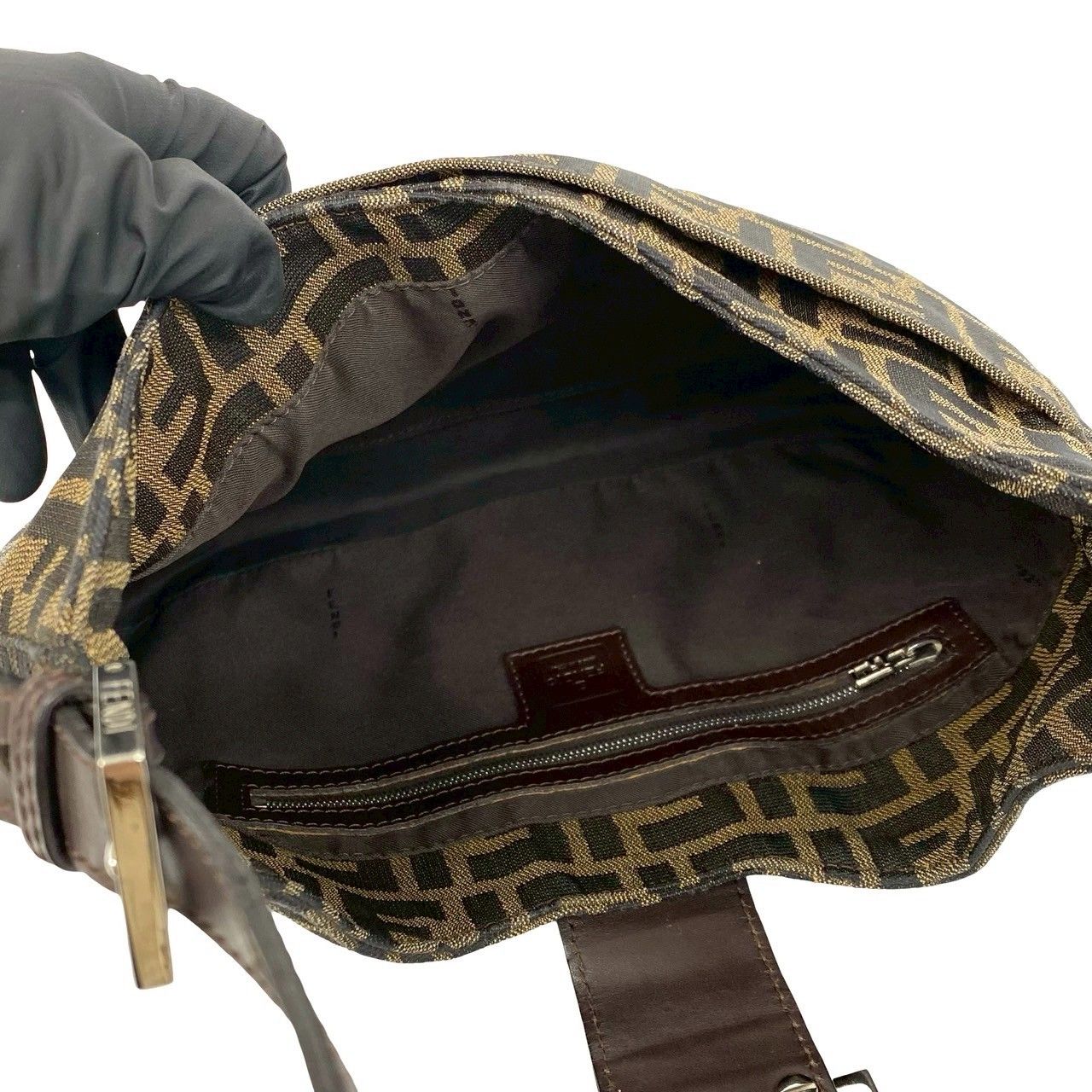 Fendi Zucca FF Pattern Logo Canvas Leather Shoulder Bag Brown Black — view 9