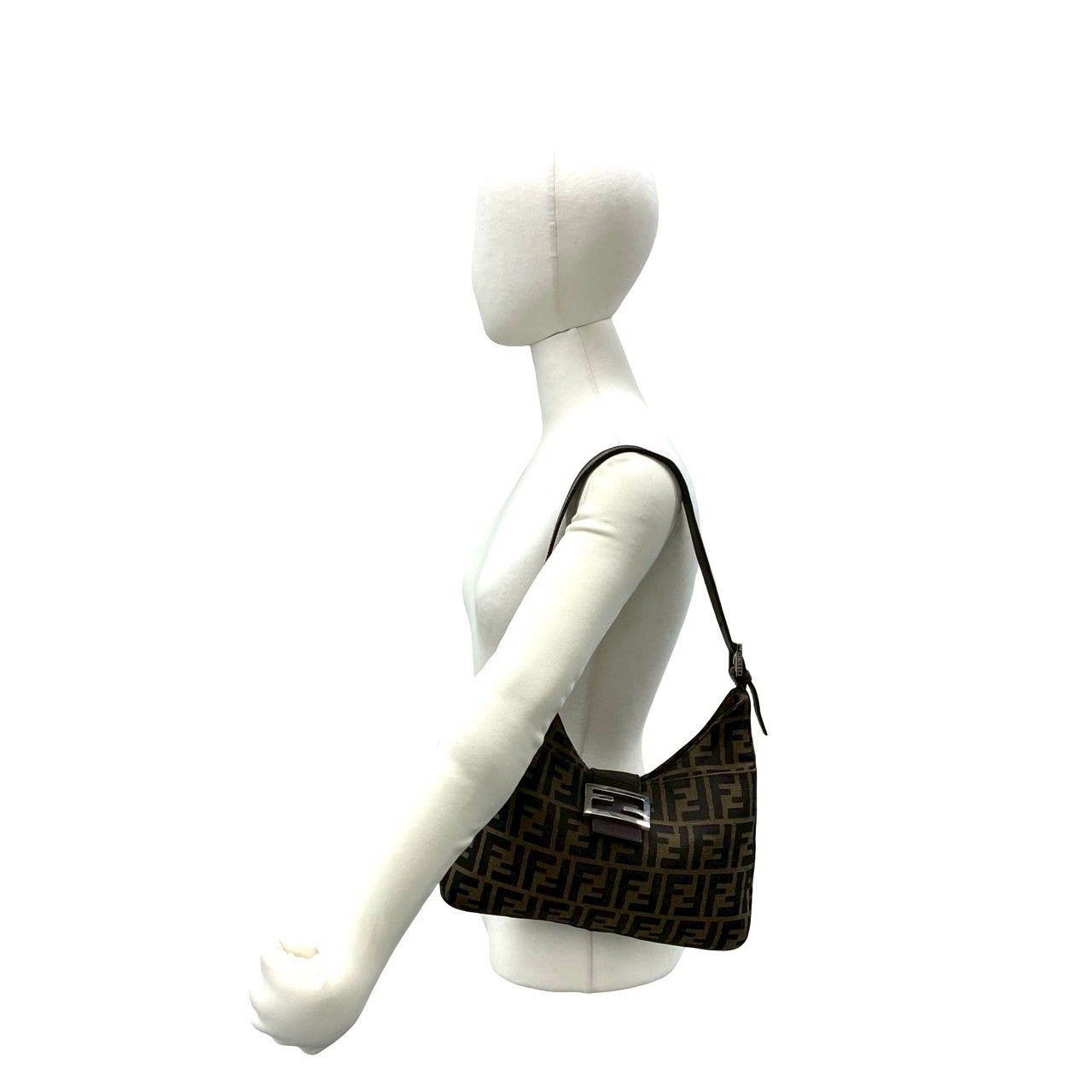 Fendi Zucca FF Pattern Logo Canvas Leather Shoulder Bag Brown Black — view 2