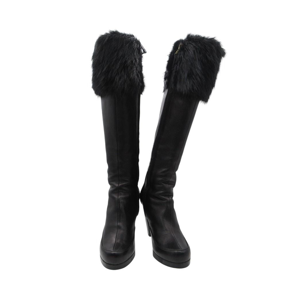 Fendi Boots Long High Heels Leather Side Zip Shoes Black — view 3