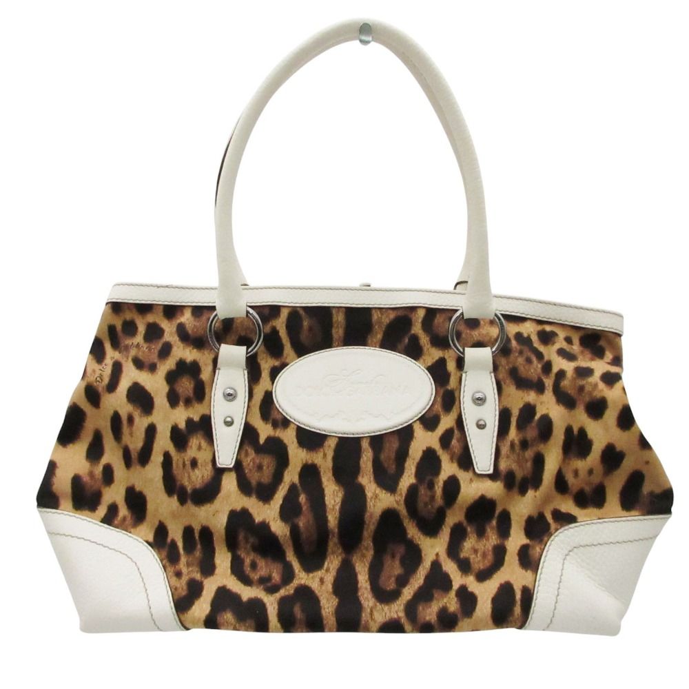 Dolce & Gabbana Tote Shoulder Bag Canvas Leather Leopard Print Y2k Purse Beige