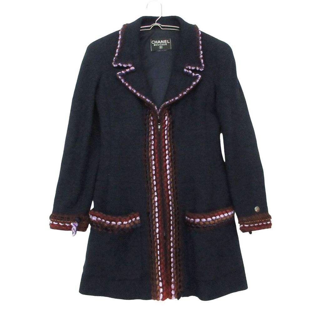 Chanel Vintage Star Coat Tweed Zip Jacket Trimmed Navy