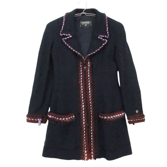 Chanel Vintage Star Coat Tweed Zip Jacket Trimmed Navy