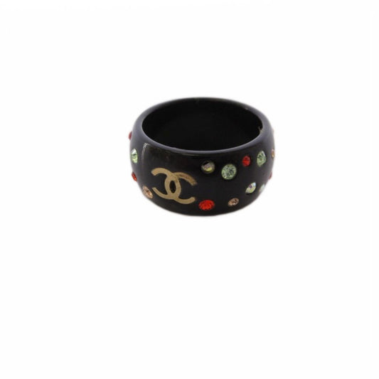 Chanel CC Logo Ring Rhinestone Black KH OH