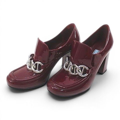 Prada Heels Loafers Silver Chain 35 Bordeaux Enamel