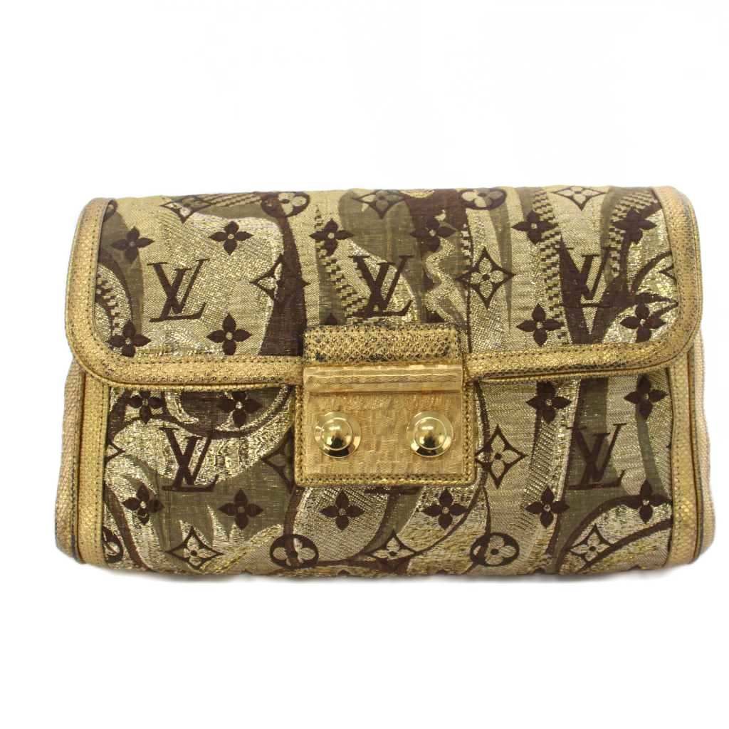 Louis Vuitton Monogram Brocade Tali Clutch Party Gold Color KH
