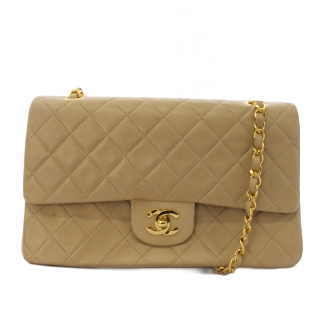 Chanel Quilted 25 Chain Flap Shoulder Bag CC Logo Lambskin Beige KH