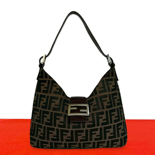 Fendi Vintage Zucca FF Pattern Logo Canvas Leather Shoulder Bag Brown
