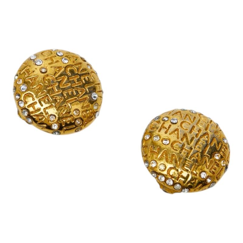 Chanel Logo Earrings Gold Plated Rhinestone