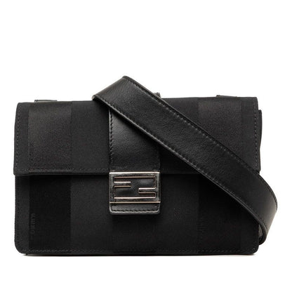 Fendi Pecan Baguette Slim Clutch Shoulder Bag 3way Black Canvas Leather