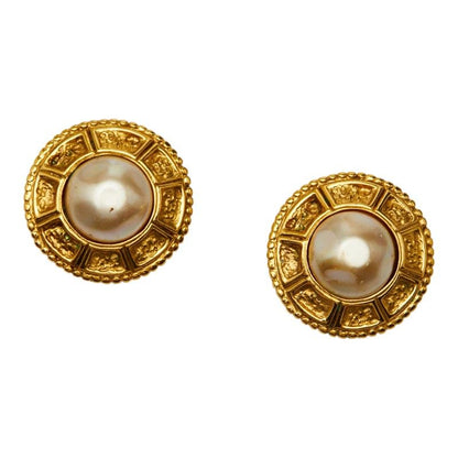 Chanel Round Earrings Gold Plated Faux Pearl