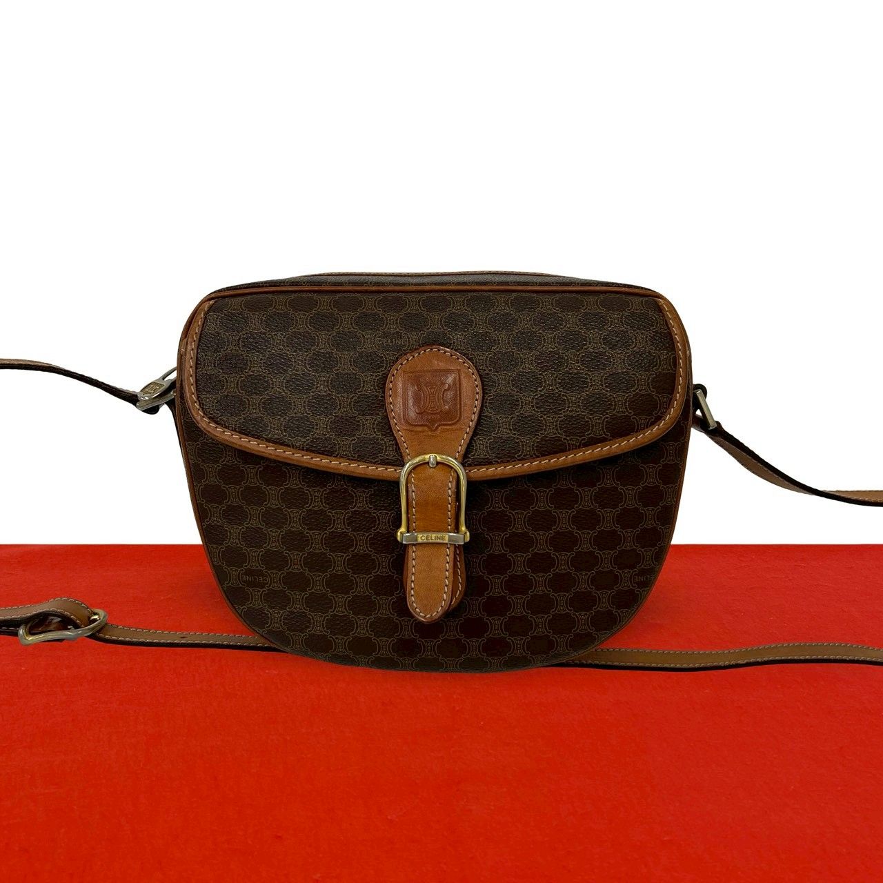Celine Vintage Macadam Blason Trio Logo Pattern Leather Shoulder Bag Brown