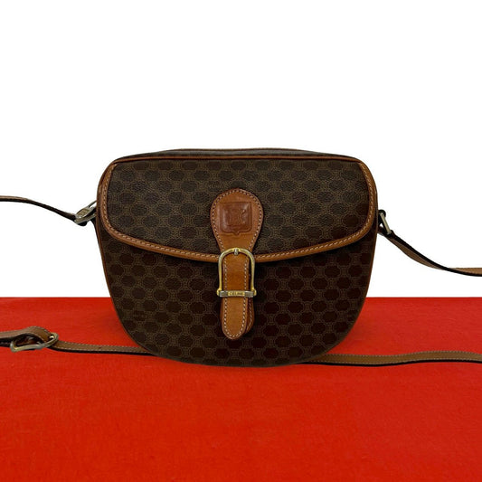 Celine Vintage Macadam Blason Trio Logo Pattern Leather Shoulder Bag Brown
