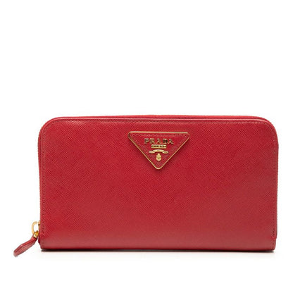 Prada Triangle Logo Zip Around Wallet Red Saffiano Leather