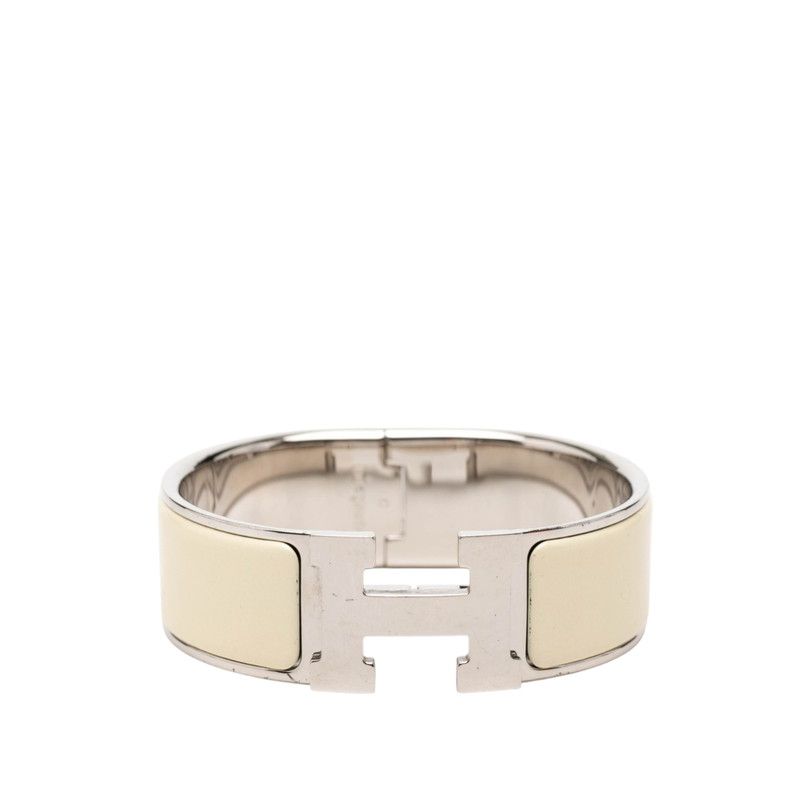 Hermes Clic Clac GM Logo Enamel Bracelet Ivory Silver Metal