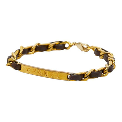 Chanel Logo Bracelet Gold Brown Plated Leather