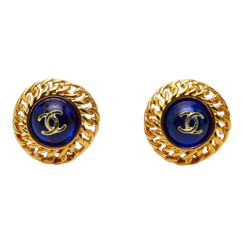 Chanel CC Logo Gripoix Earrings Gold Blue Plated — view 2