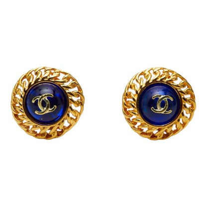 Chanel CC Logo Gripoix Earrings Gold Blue Plated — view 2