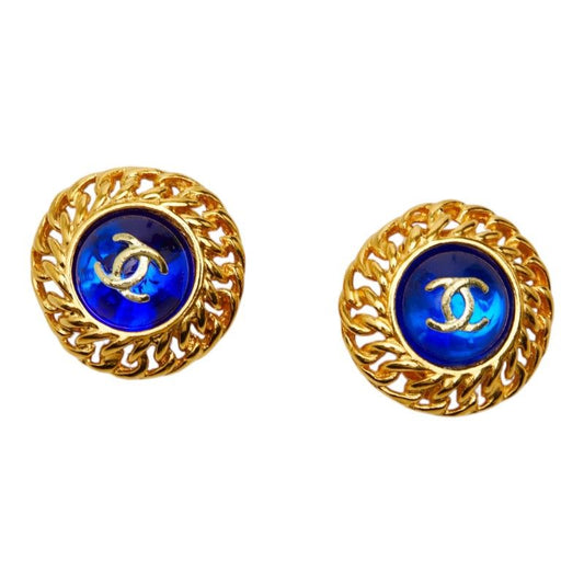Chanel CC Logo Gripoix Earrings Gold Blue Plated