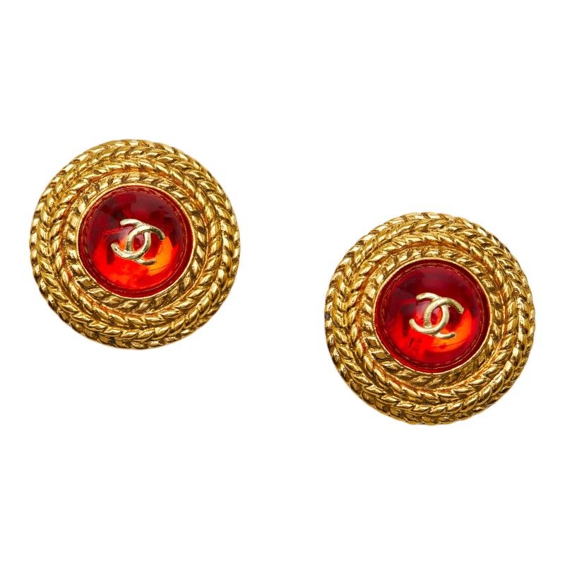 Chanel CC Logo Gripoix Earrings Gold Red Plated