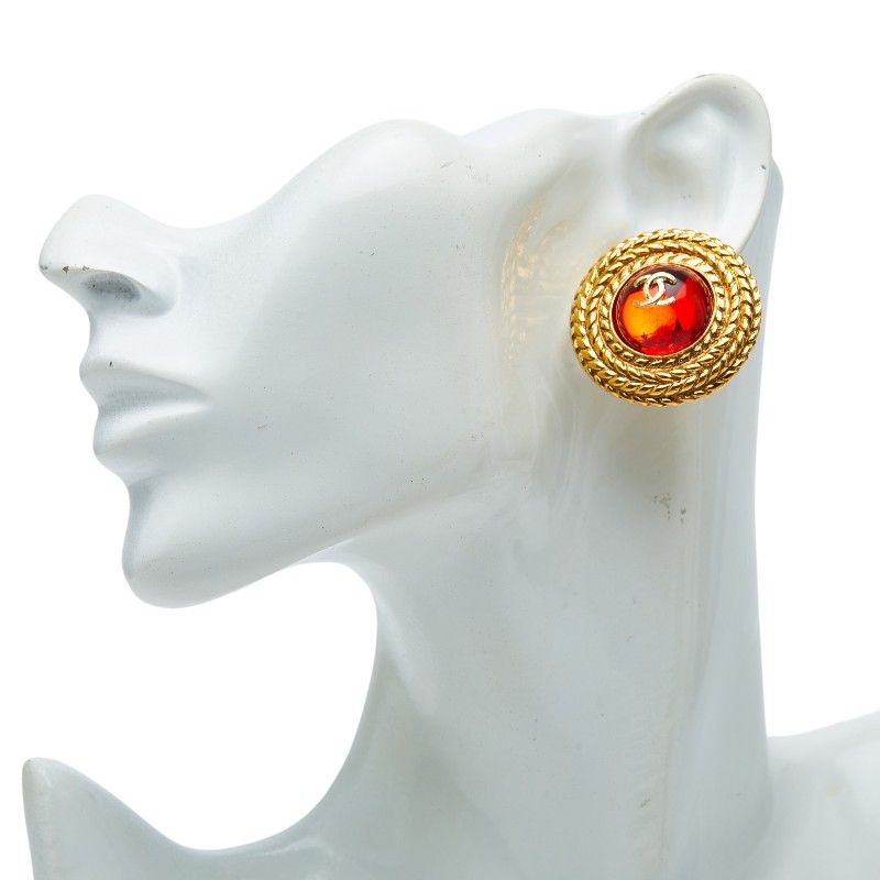 Chanel CC Logo Gripoix Earrings Gold Red Plated — view 5