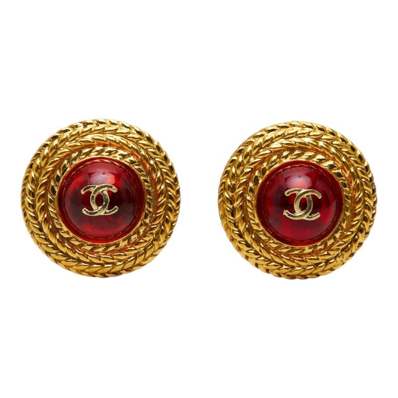 Chanel CC Logo Gripoix Earrings Gold Red Plated — view 2