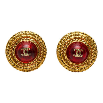 Chanel CC Logo Gripoix Earrings Gold Red Plated — view 2
