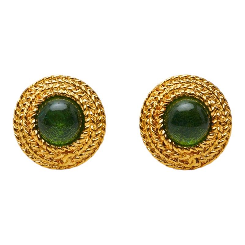 Chanel CC Logo Gripoix Earrings Gold Green Plated — view 2
